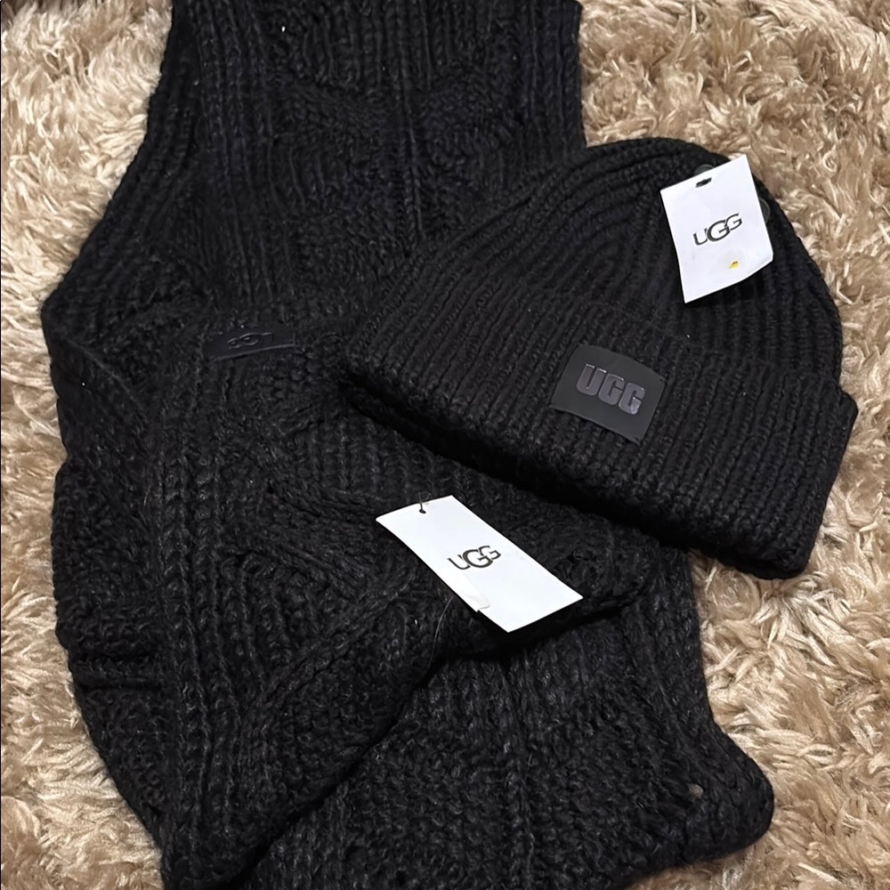 UGG Black Knit Beanie and Scarf Set